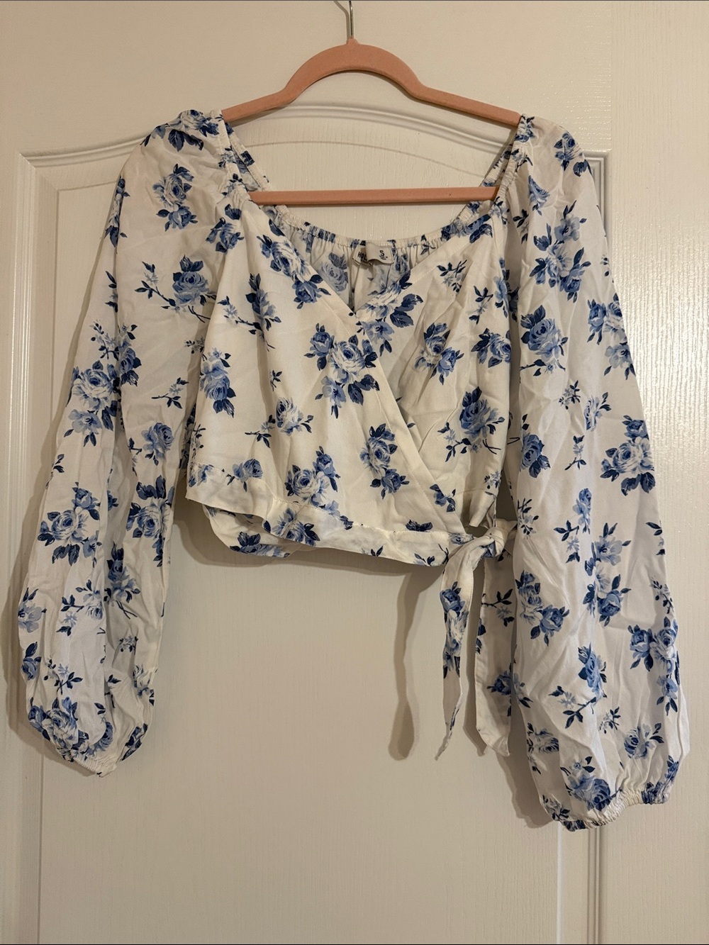 Hollister White Wrap Crop Top with Blue Floral Print